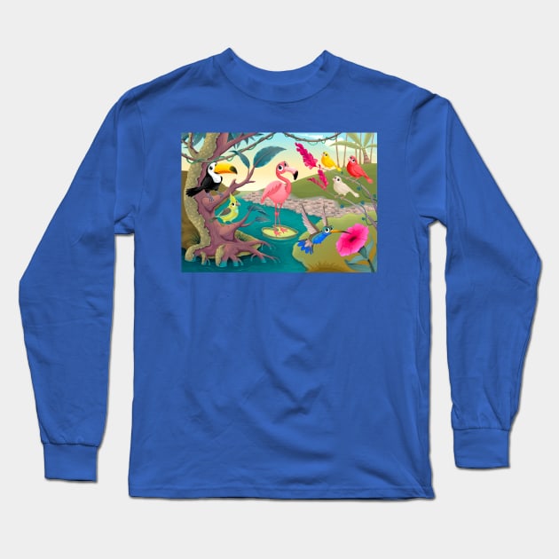 Group of funny tropical birds in the jungle Long Sleeve T-Shirt by ddraw